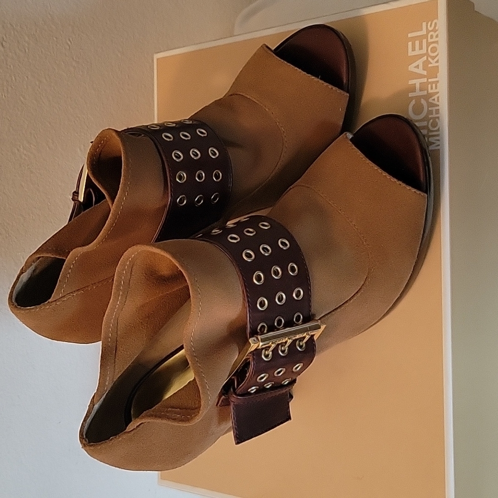 Michael Kors suede opened toe booties.